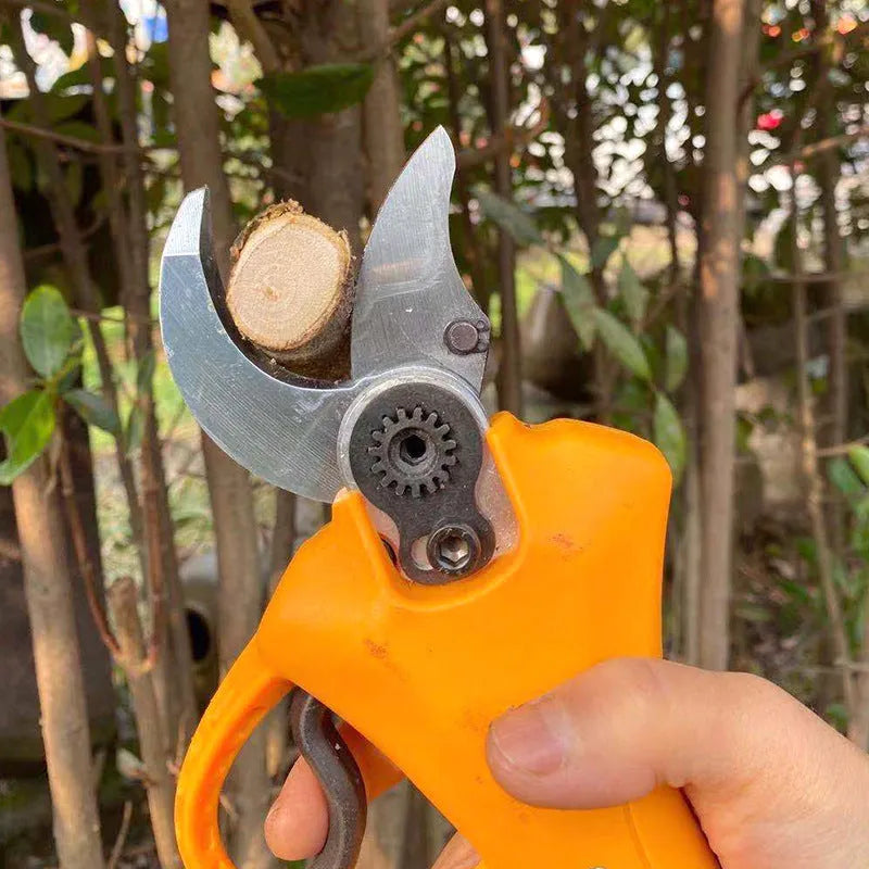 Orange electric branch shears for fruit tree pruning with lithium battery