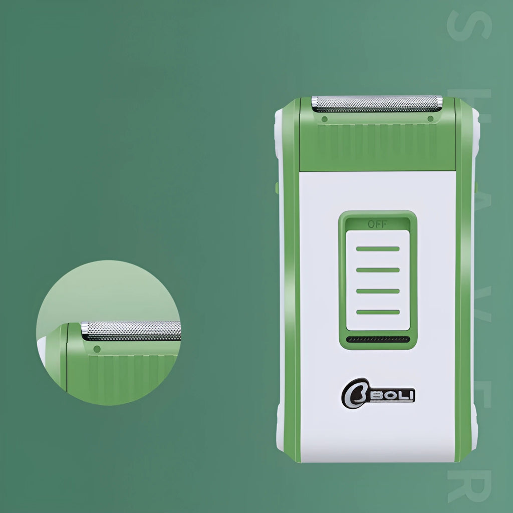 Reciprocating double-layer net electric shaver L2 in photo colour, showing compact ABS body and shaving head.