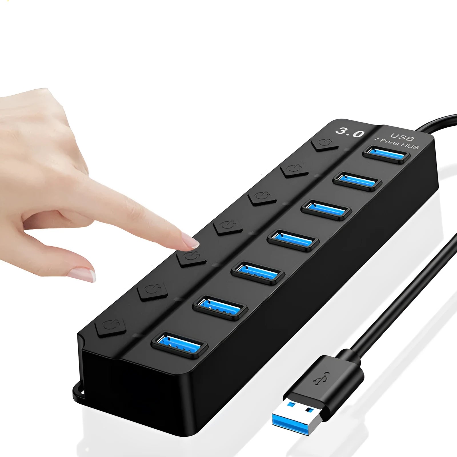Black 7-port USB 3.0 hub with external power adapter and cable on a desk