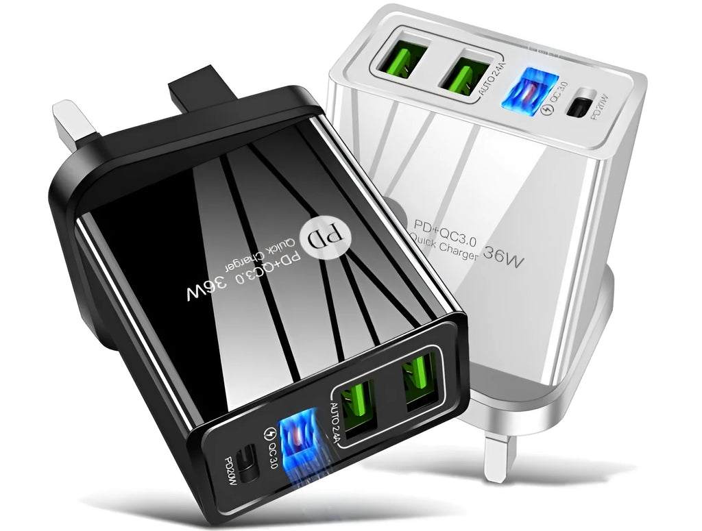 20W PD and Quick Charge 3.0 multi-port fast charging head in black or white