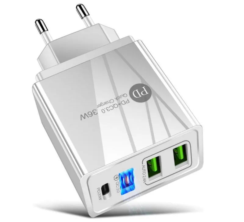 20W PD and Quick Charge 3.0 multi-port fast charging head in black or white