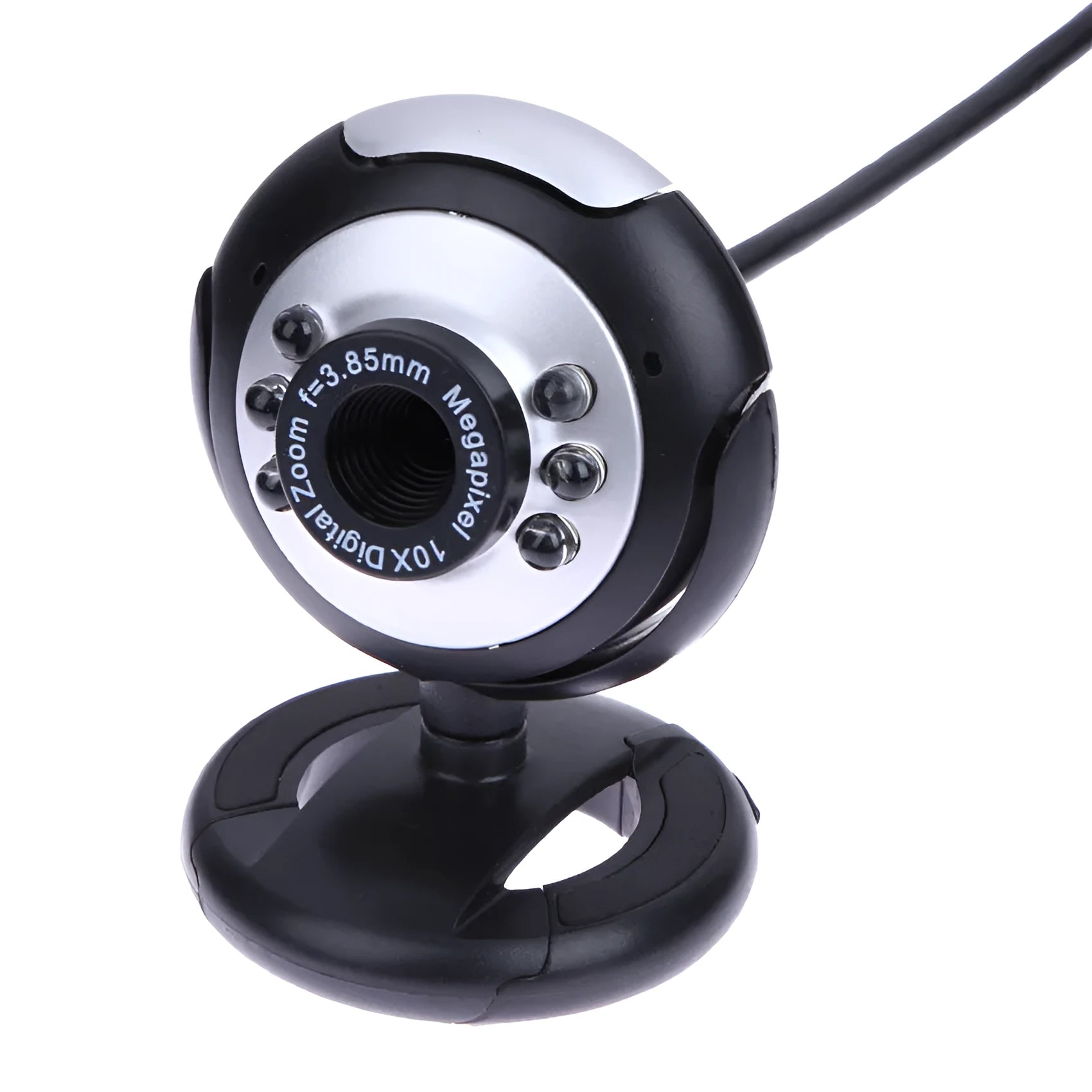 A black computer webcam with a ring of six LED lights around the lens, shown on a desktop.