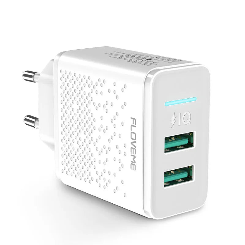 Black and white dual USB charger with EU plug for charging smartphones and tablets