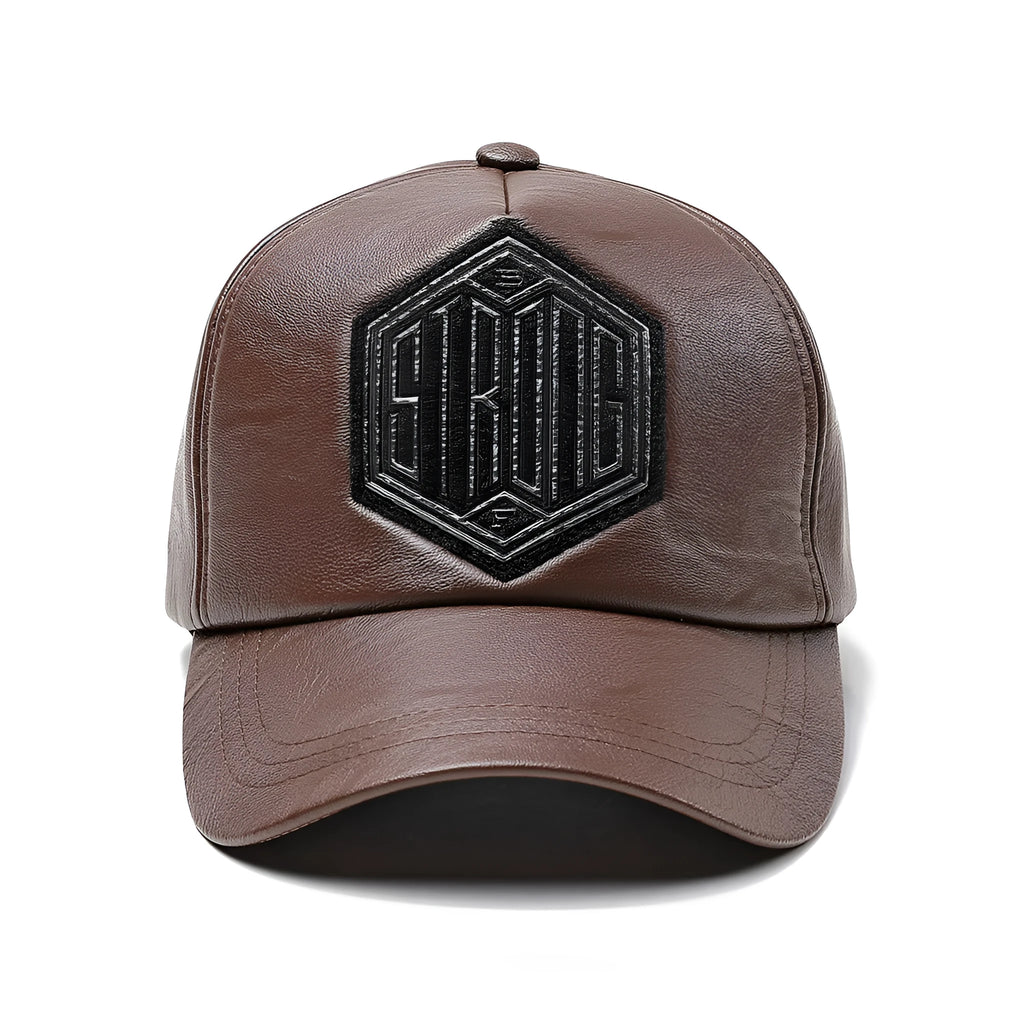 Autumn winter leather baseball cap with broad curved brim and adjustable dome crown in black