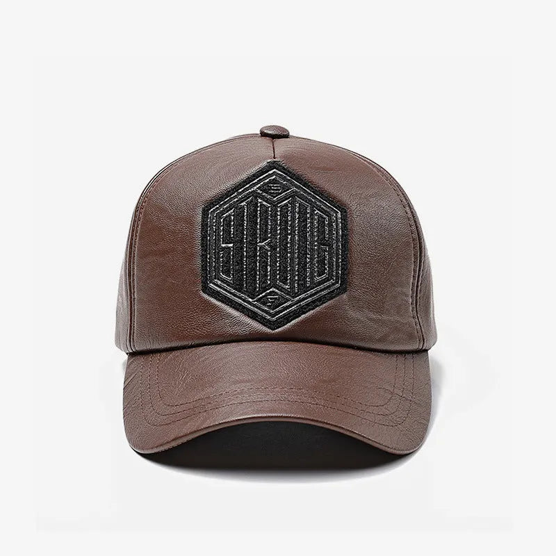 Autumn winter leather baseball cap with broad curved brim and adjustable dome crown in black