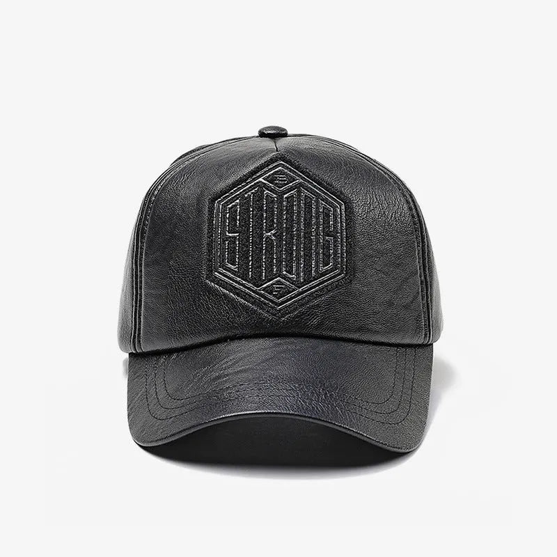 Autumn winter leather baseball cap with broad curved brim and adjustable dome crown in black