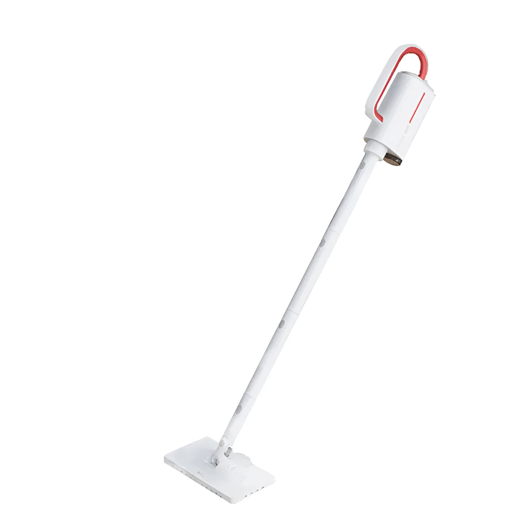 White Deerma ZQ610 steam cleaner main unit with five brush heads and connecting tubes laid out.