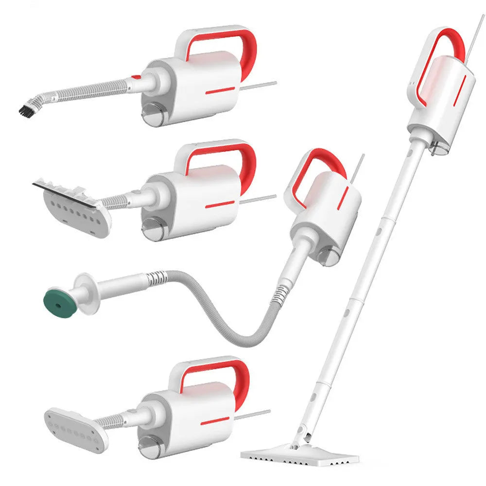 White Deerma ZQ610 steam cleaner main unit with five brush heads and connecting tubes laid out.