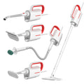White Deerma ZQ610 steam cleaner main unit with five brush heads and connecting tubes laid out.