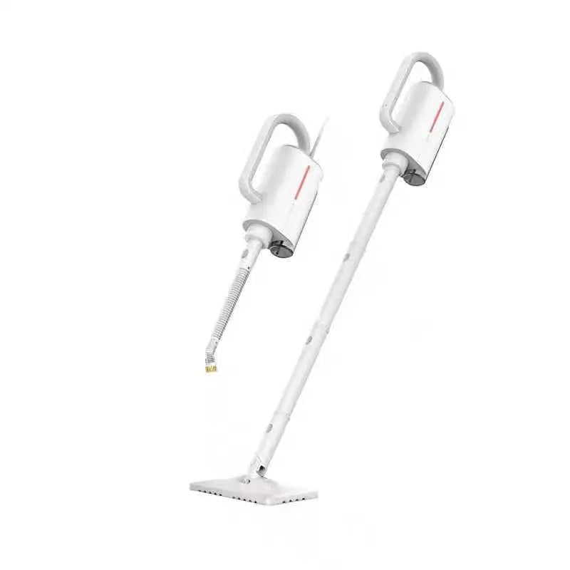 White Deerma ZQ610 steam cleaner main unit with five brush heads and connecting tubes laid out.