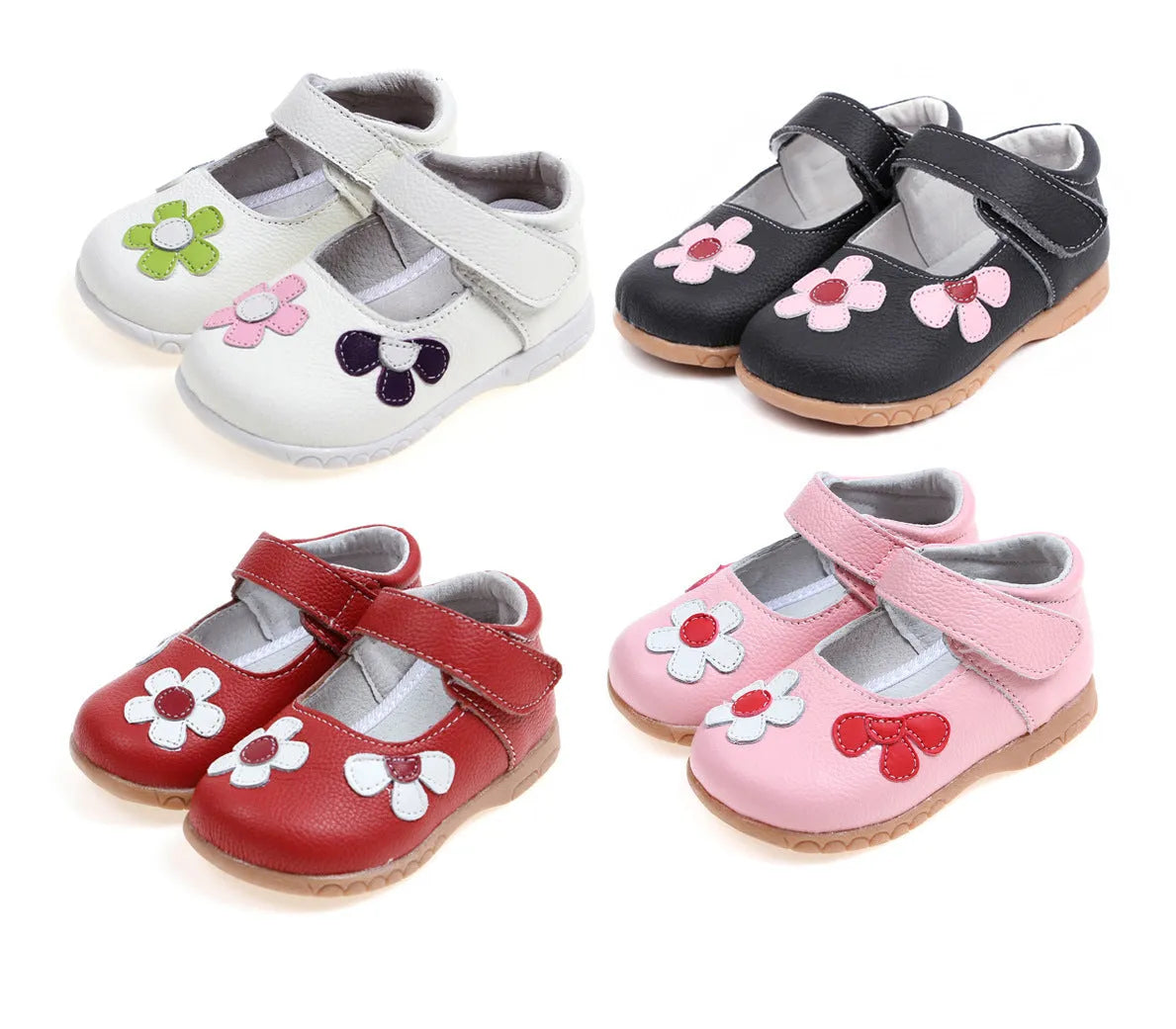 Korean-style black leather princess shoes for children with velcro strap and embroidery.