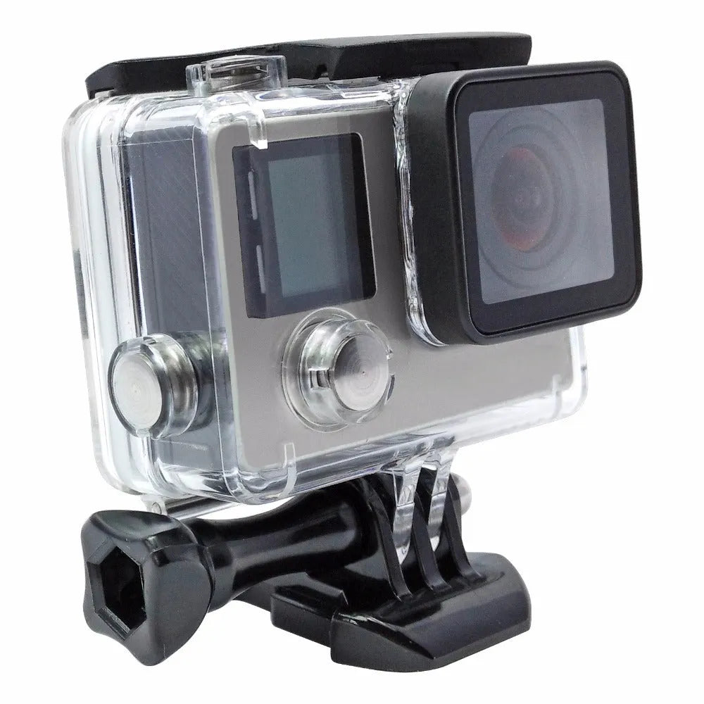 GoPro Hero 3+ and Hero 4 waterproof housing case with transparent construction showing camera inside