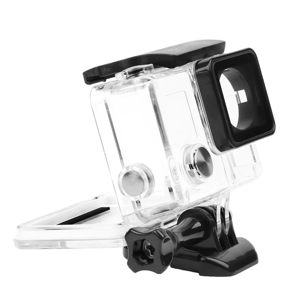 GoPro Hero 3+ and Hero 4 waterproof housing case with transparent construction showing camera inside