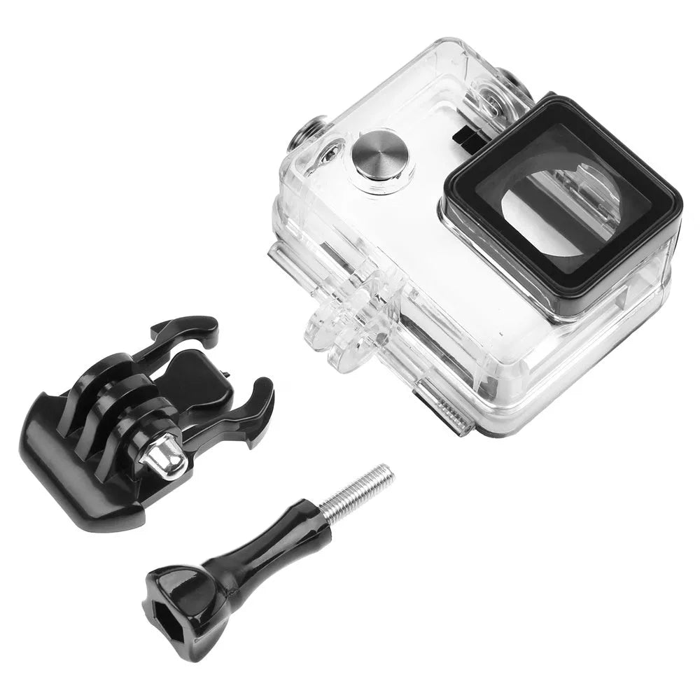 GoPro Hero 3+ and Hero 4 waterproof housing case with transparent construction showing camera inside