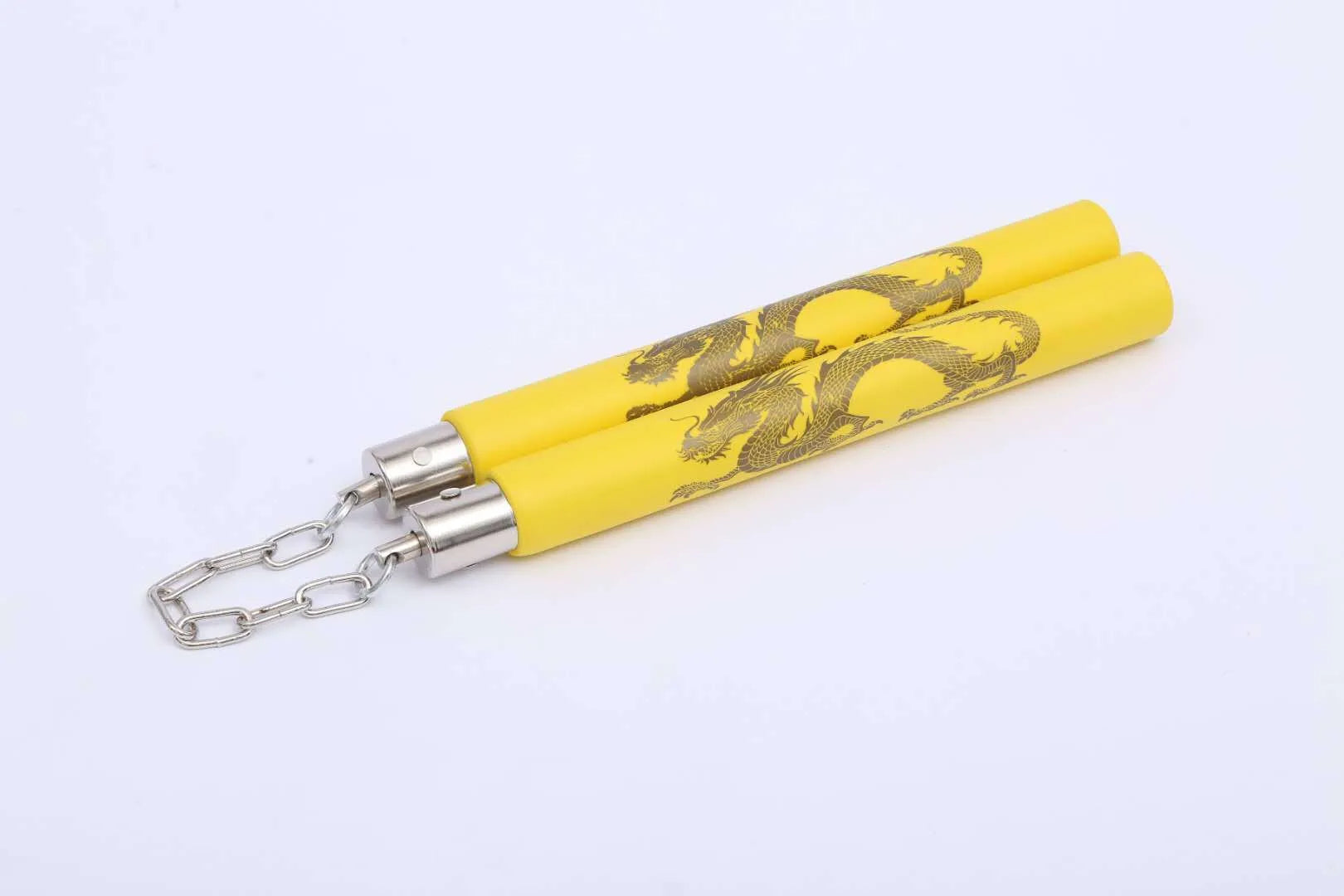Red sponge nunchaku set showing two foam sticks connected by a metal chain, for martial arts training.