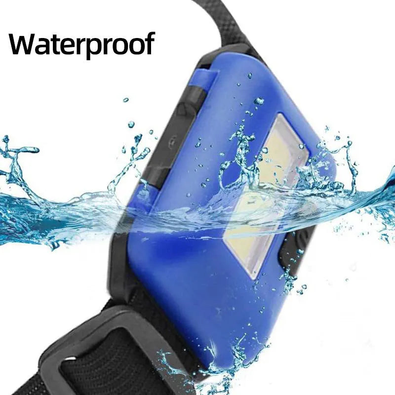 Mini outdoor LED headlamp in black showing the COB bulb and adjustable polyester head strap.
