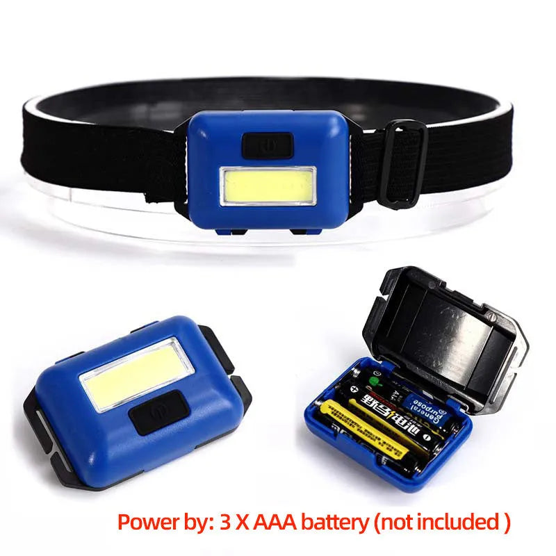 Mini outdoor LED headlamp in black showing the COB bulb and adjustable polyester head strap.
