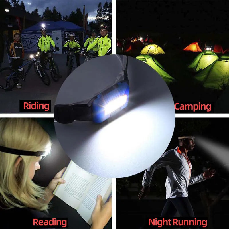 Mini outdoor LED headlamp in black showing the COB bulb and adjustable polyester head strap.