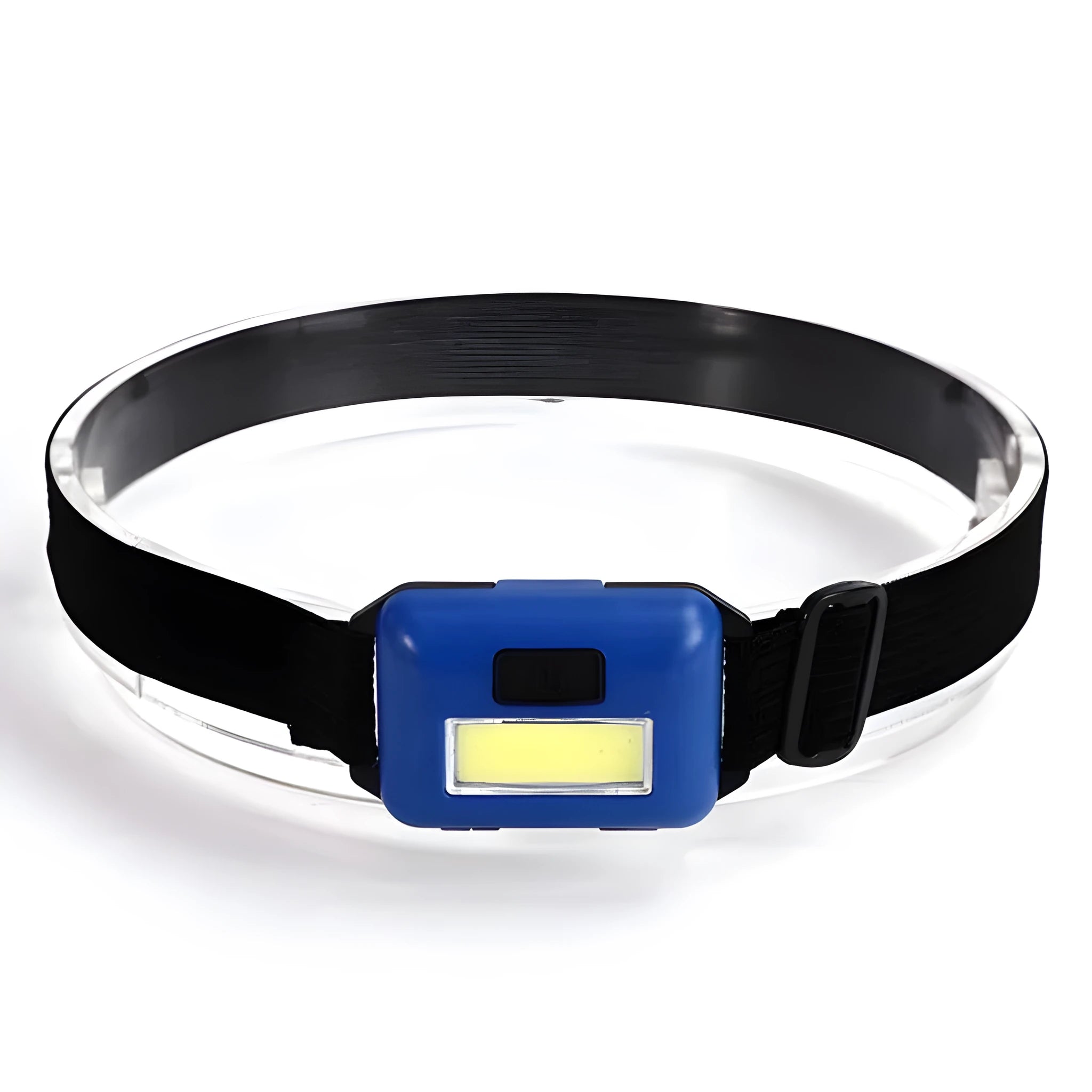 Mini outdoor LED headlamp in black showing the COB bulb and adjustable polyester head strap.