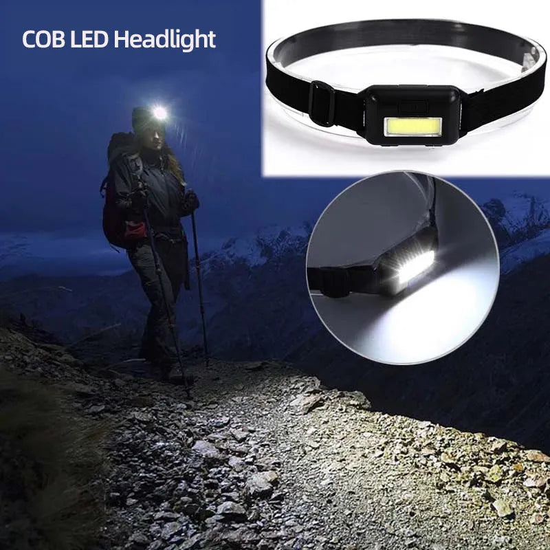 Mini outdoor LED headlamp in black showing the COB bulb and adjustable polyester head strap.