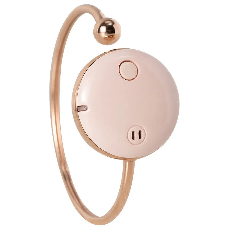 Ultrasonic mosquito repellent bracelet in white with ABS stainless steel shell, USB charging, and 55mAh battery.