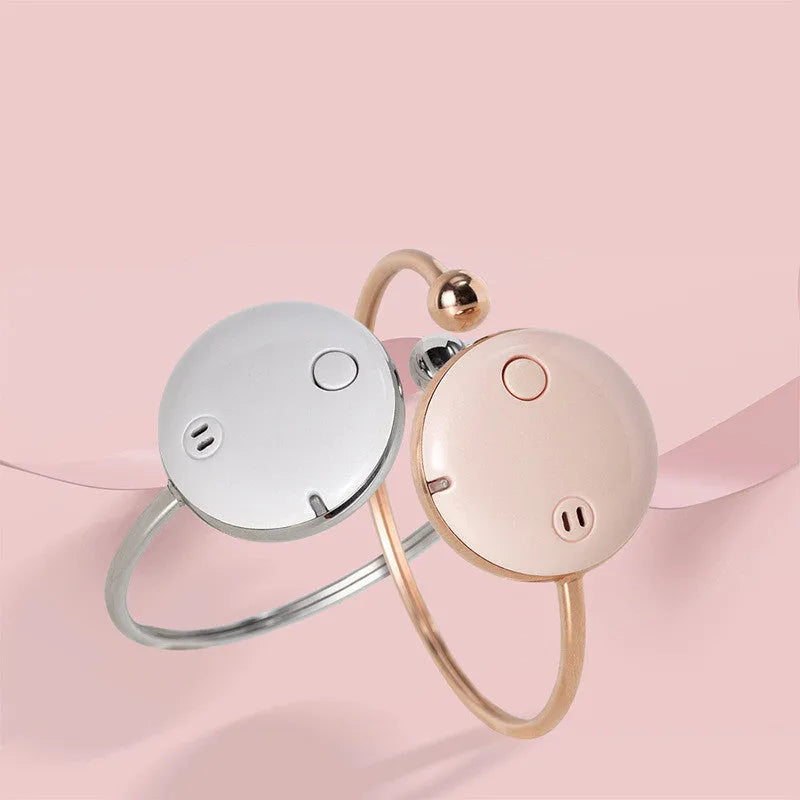 Ultrasonic mosquito repellent bracelet in white with ABS stainless steel shell, USB charging, and 55mAh battery.