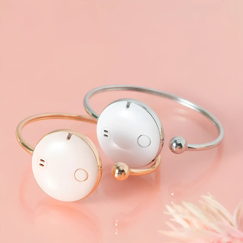 Ultrasonic mosquito repellent bracelet in white with ABS stainless steel shell, USB charging, and 55mAh battery.