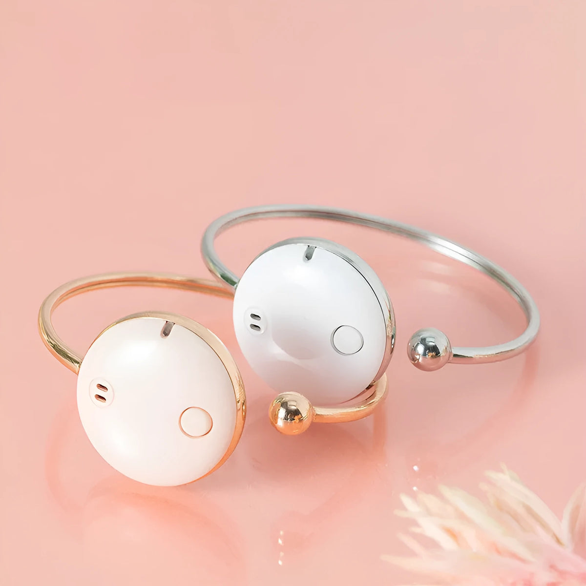 Ultrasonic mosquito repellent bracelet in white with ABS stainless steel shell, USB charging, and 55mAh battery.
