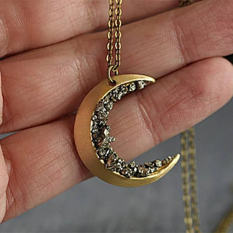 Ancient gold electroplated alloy crescent necklace with broken crystal pendant on 46cm chain