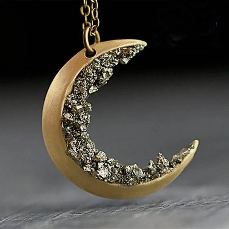Ancient gold electroplated alloy crescent necklace with broken crystal pendant on 46cm chain