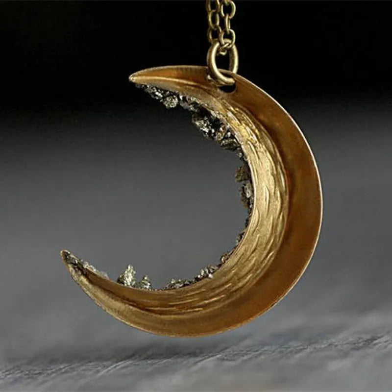 Ancient gold electroplated alloy crescent necklace with broken crystal pendant on 46cm chain