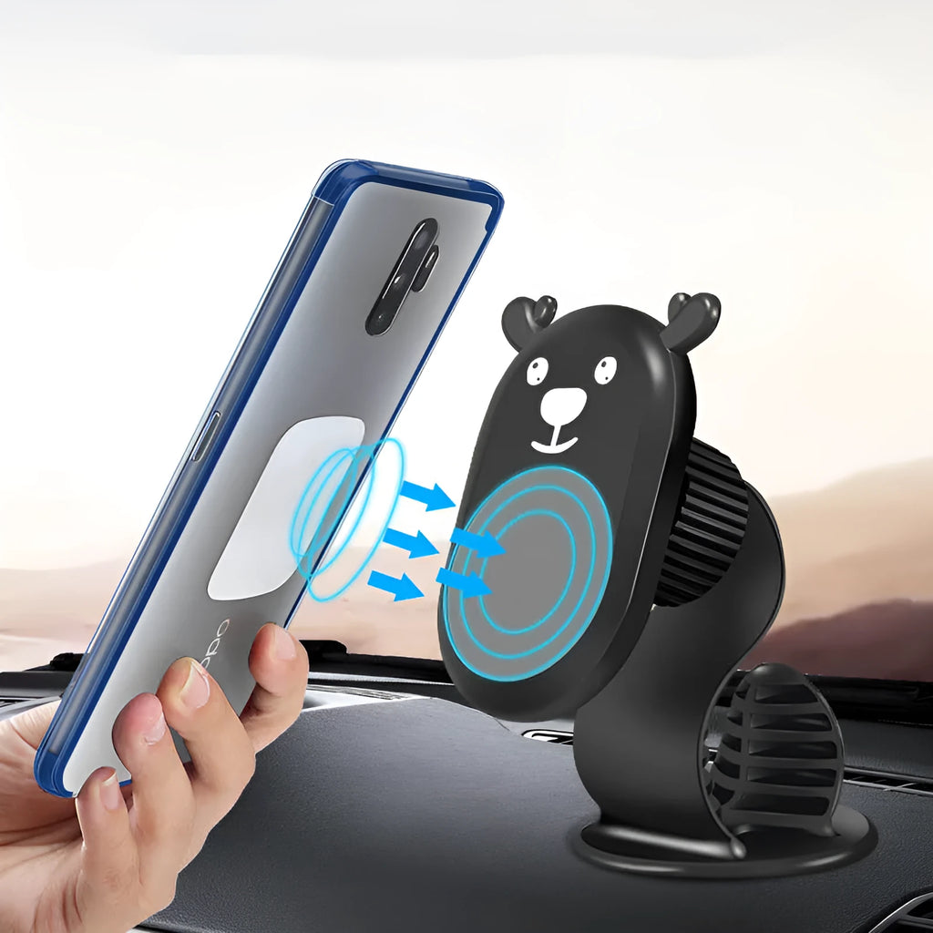 Magnetic car phone holder in black or beige with rubidium magnet, ABS plastic body, nano glue mount and 360° bracket base.