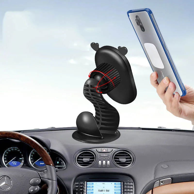 Magnetic car phone holder in black or beige with rubidium magnet, ABS plastic body, nano glue mount and 360° bracket base.