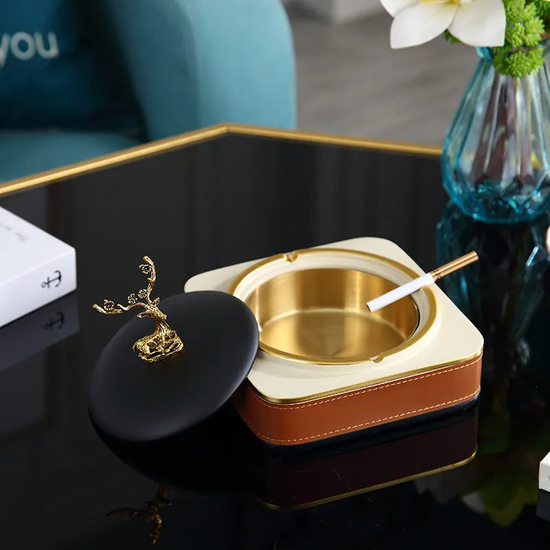 Resin ashtray with lid anti-fly ash in European style, round shape, 15x7cm