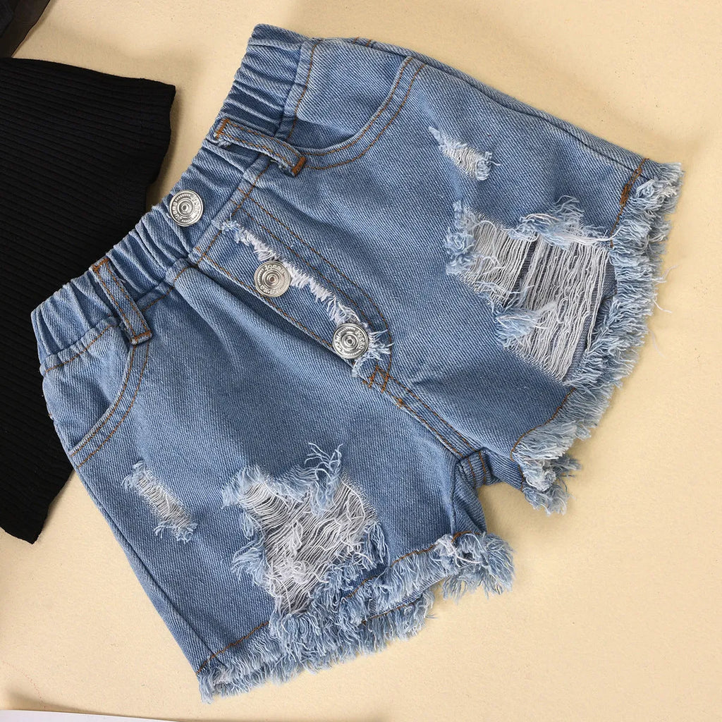 Black children's cotton suit with striped mesh-sleeve top and ripped denim shorts for ages 3-8.