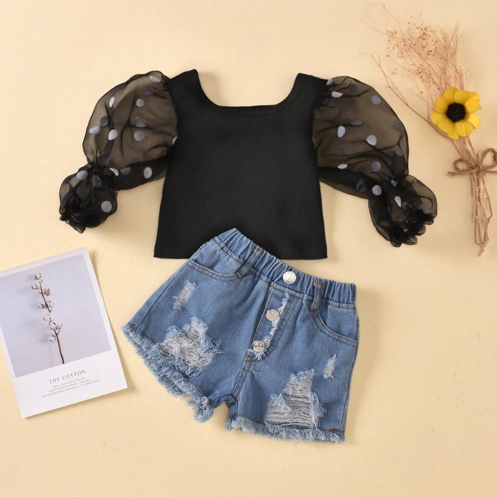 Black children's cotton suit with striped mesh-sleeve top and ripped denim shorts for ages 3-8.