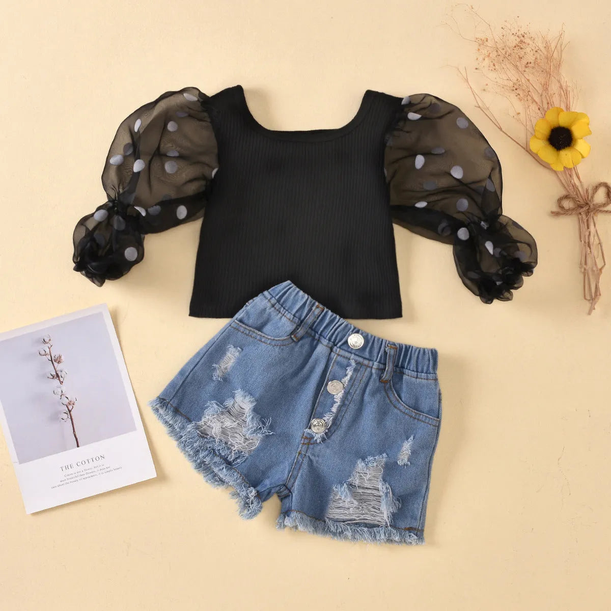Black children's cotton suit with striped mesh-sleeve top and ripped denim shorts for ages 3-8.