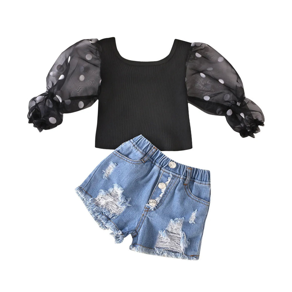 Black children's cotton suit with striped mesh-sleeve top and ripped denim shorts for ages 3-8.
