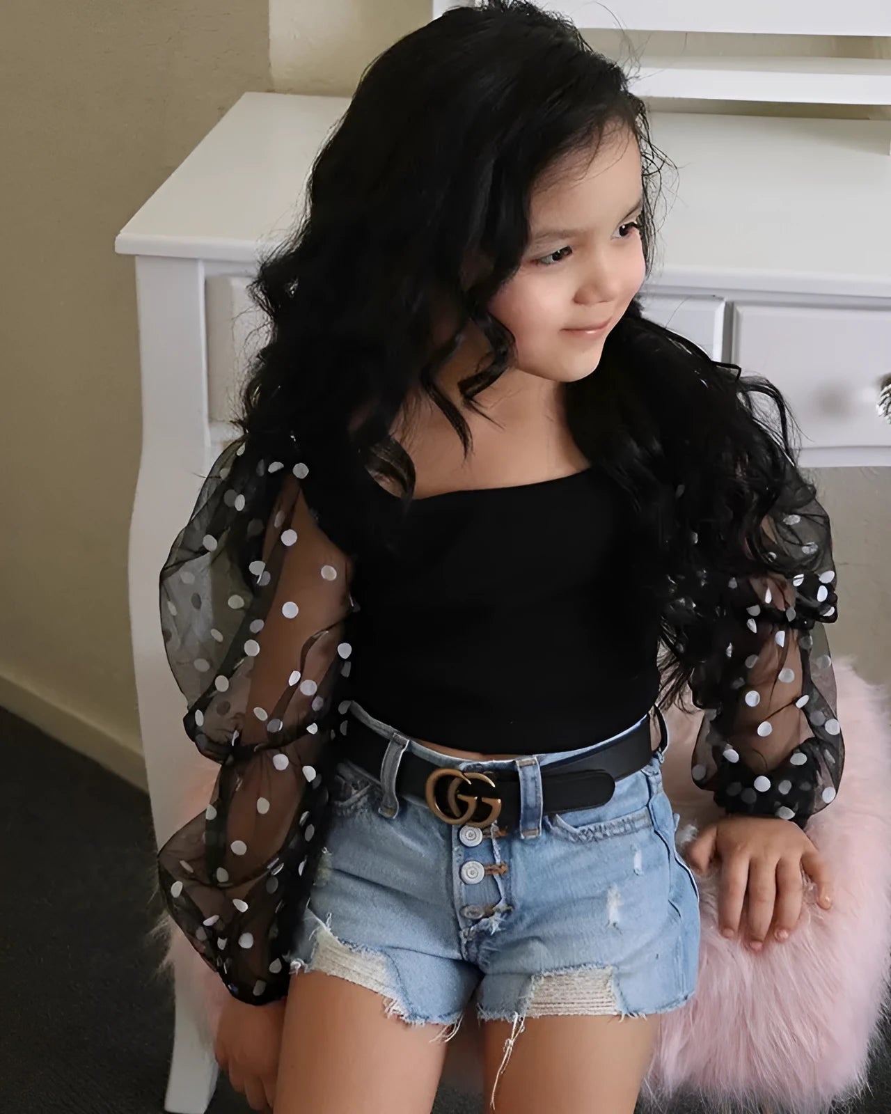 Black children's cotton suit with striped mesh-sleeve top and ripped denim shorts for ages 3-8.