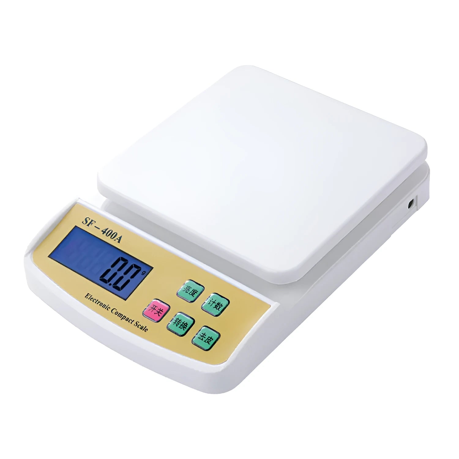 SF-400A model digital electronic kitchen scale on a countertop, showing a digital display.