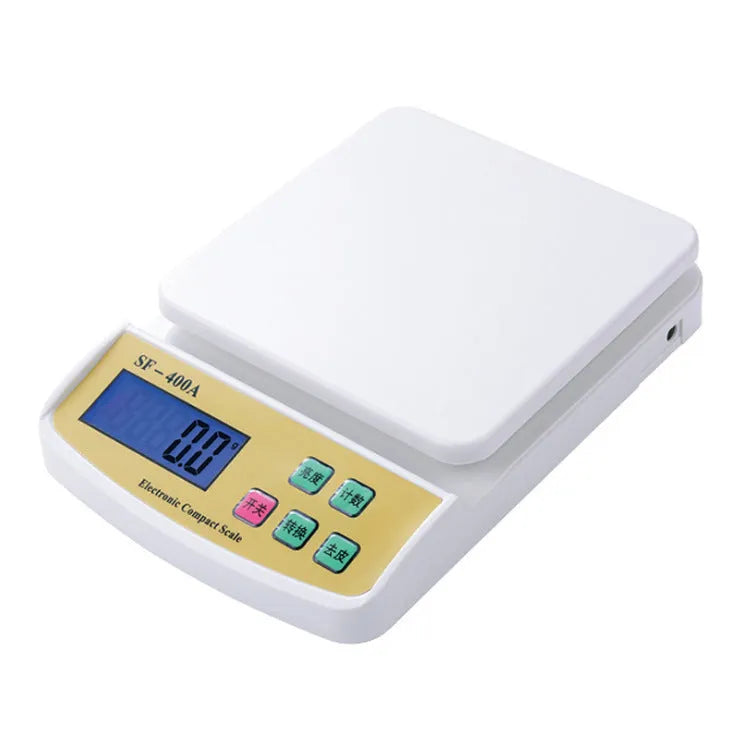 SF-400A model digital electronic kitchen scale on a countertop, showing a digital display.