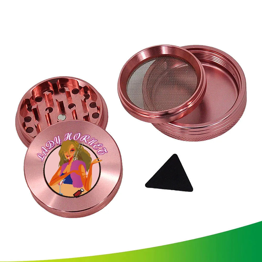 Pink ultra-thin portable four-layer cigarette grinding device with windproof function, pocket-sized smoker accessory