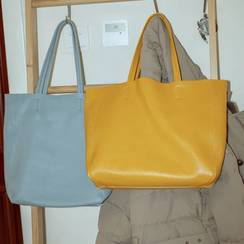 Large first layer cowhide tote bag with soft leather and car suture design, available in multiple colours