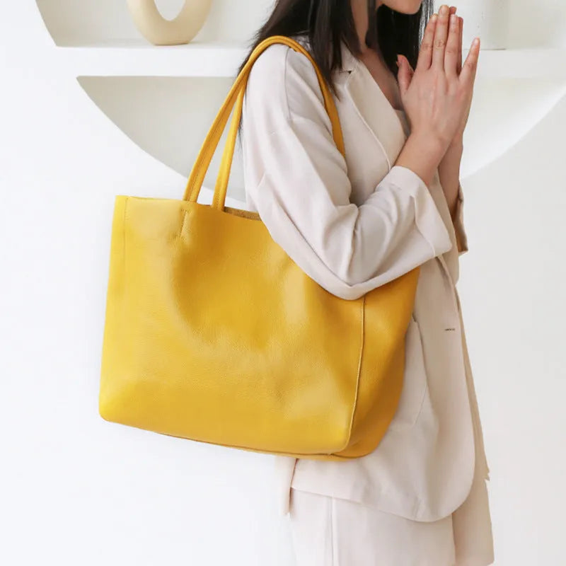 Large first layer cowhide tote bag with soft leather and car suture design, available in multiple colours