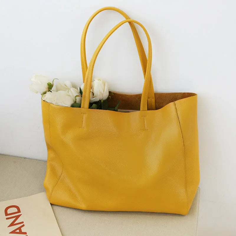 Large first layer cowhide tote bag with soft leather and car suture design, available in multiple colours