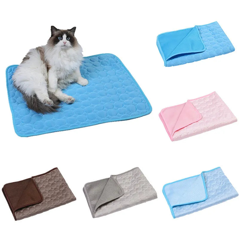 Ice silk and mesh pet cooling mat in brown, blue, gray, or pink, foldable for doghouse, cage, or floor use