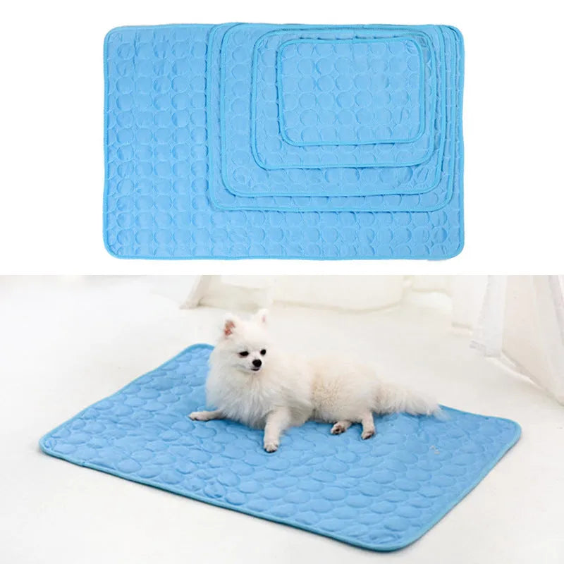 Ice silk and mesh pet cooling mat in brown, blue, gray, or pink, foldable for doghouse, cage, or floor use
