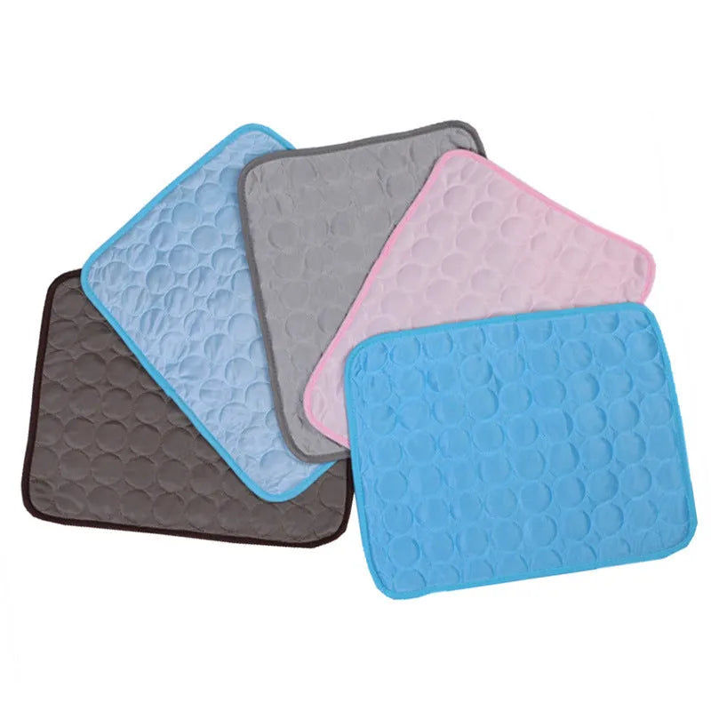 Ice silk and mesh pet cooling mat in brown, blue, gray, or pink, foldable for doghouse, cage, or floor use