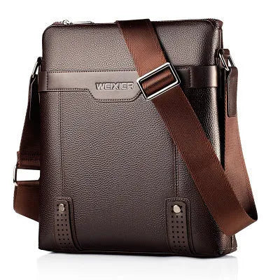Black PU leather men's casual shoulder bag with zipper opening, shown in medium size.