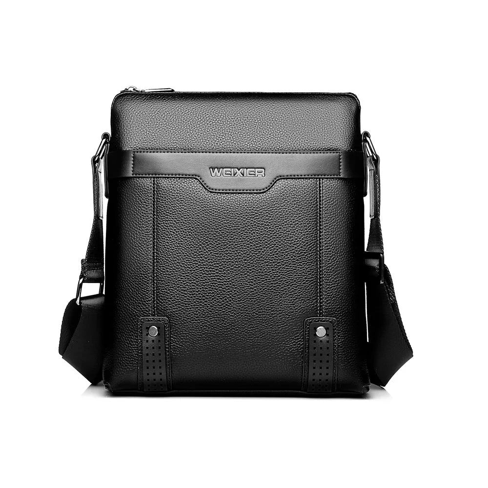 Black PU leather men's casual shoulder bag with zipper opening, shown in medium size.